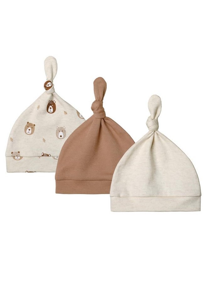 Owlivia Organic Newborn Knot Hats, Hospital Baby Beanies, Unisex Infant Caps, 3-Pack (Newborn, Mini Bears&Beige&Brown)