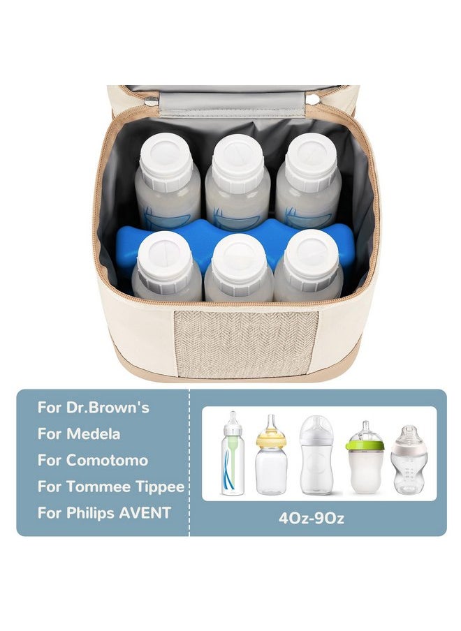 Mancro Breastmilk Cooler Bag with Ice Pack, Double Layer Insulated Baby Bottles Bag Fits 6 Bottles Up to 9 Ounces, Portable Breast Pump Cooler Travel Bag for Daycare and Nursing Moms, Beige