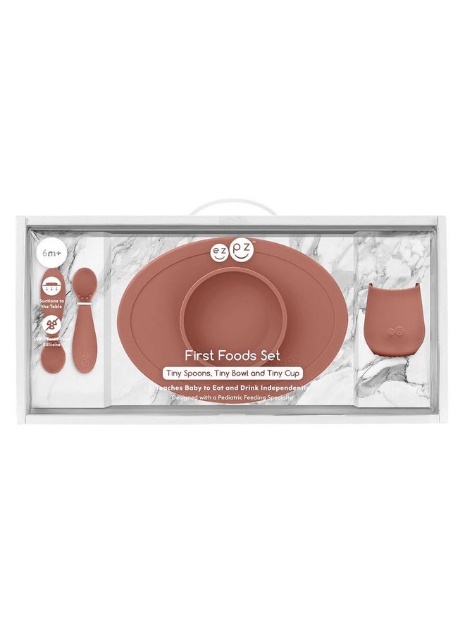 ezpz First Food Set - 100% Food Grade Silicone Suction Bowl with Built-in Placemat, Training Cup & Spoon - Designed by a Pediatric Feeding Specialist - Promotes Self Feeding - 6 Months+ (Sienna)