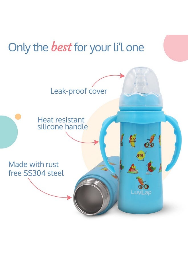 LuvLap 4 in 1 Slim Neck Steel Baby Bottle Cum Sipper with Handle, Made of SS304 Rust Free Steel, BPA Free, Odour Free, Anti Colic Nipple, Spout, Weighted Straw & Cap, Blue, 3M+, 240 ml