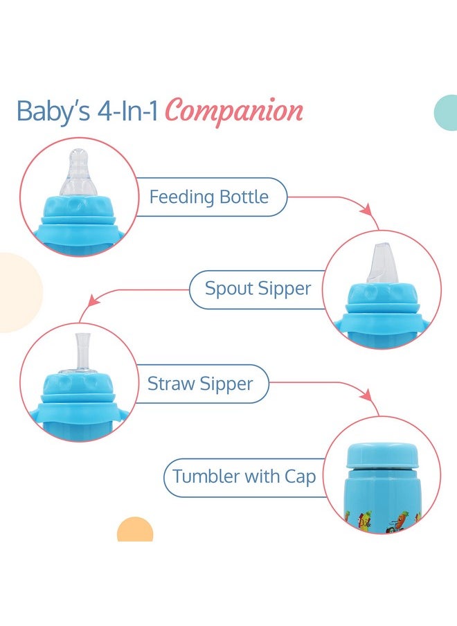 LuvLap 4 in 1 Slim Neck Steel Baby Bottle Cum Sipper with Handle, Made of SS304 Rust Free Steel, BPA Free, Odour Free, Anti Colic Nipple, Spout, Weighted Straw & Cap, Blue, 3M+, 240 ml