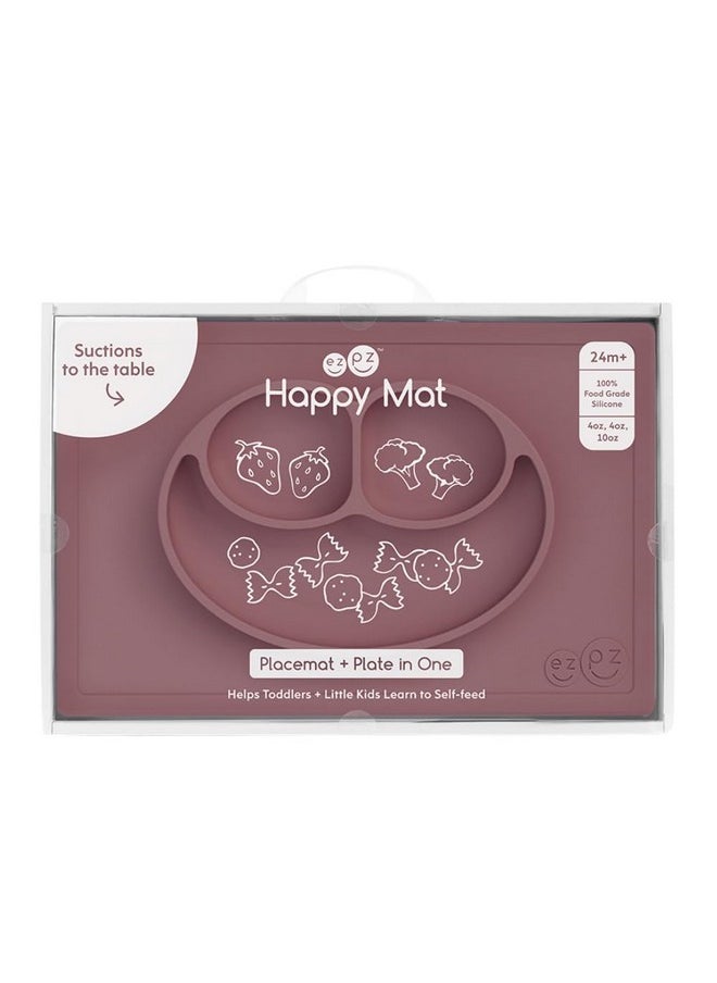 ezpz Happy Mat - 100% Food Grade Silicone Suction Plate with Built-in Placemat for Toddlers Smile Design Plates Promotes Baby Led Weaning - Divided Plate - Microwave & Oven Safe - 24months+ (Mauve)