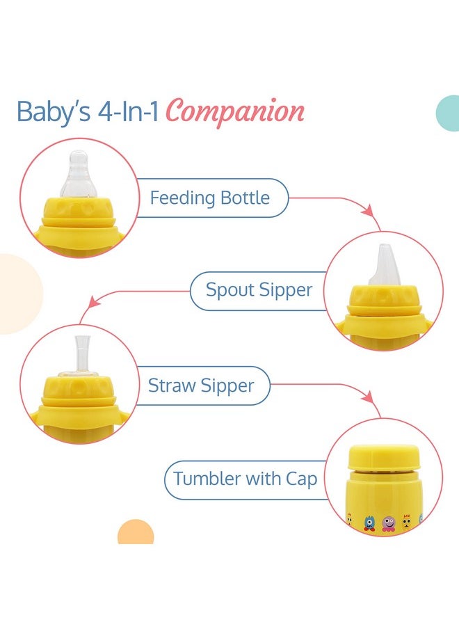 LuvLap 4 in 1 Slim Neck Steel Baby Bottle Cum Sipper with Handle, Made of SS304 Rust Free Steel, BPA Free, Odour Free, Anti Colic Nipple, Spout, Weighted Straw & Cap, Yellow, 3M+, 240 ml