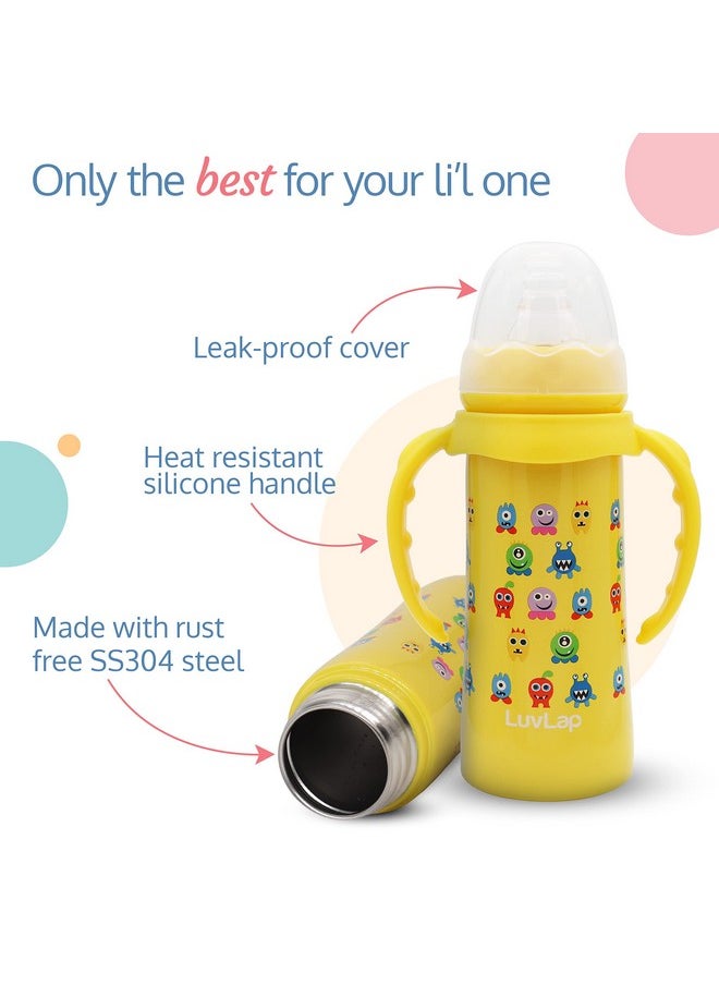 LuvLap 4 in 1 Slim Neck Steel Baby Bottle Cum Sipper with Handle, Made of SS304 Rust Free Steel, BPA Free, Odour Free, Anti Colic Nipple, Spout, Weighted Straw & Cap, Yellow, 3M+, 240 ml