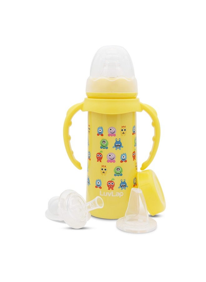 LuvLap 4 in 1 Slim Neck Steel Baby Bottle Cum Sipper with Handle, Made of SS304 Rust Free Steel, BPA Free, Odour Free, Anti Colic Nipple, Spout, Weighted Straw & Cap, Yellow, 3M+, 240 ml