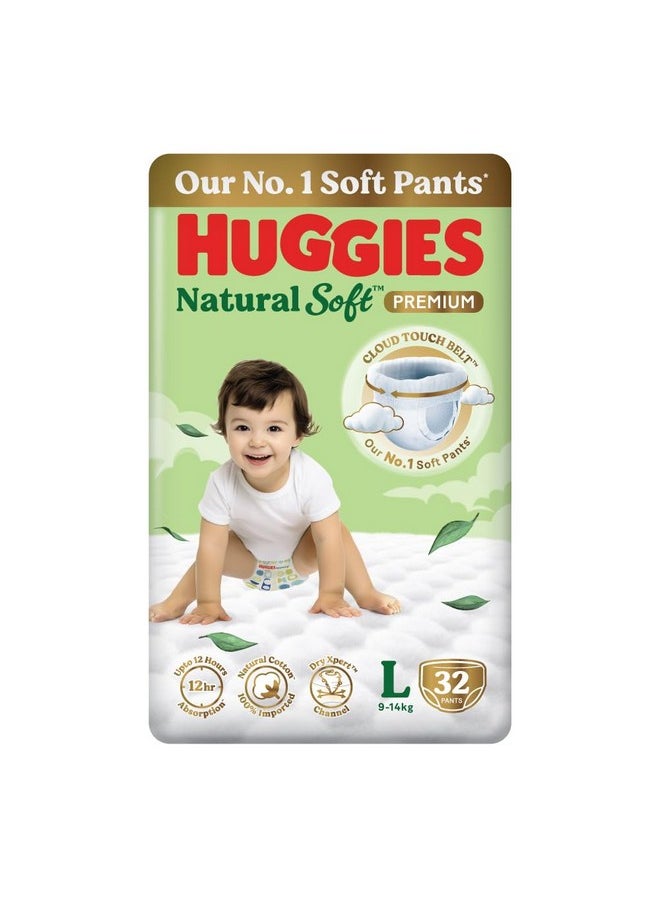 Huggies Natural Soft Premium Baby Diaper Pants, Our No.1 Soft Pants, Large (L) Size (9-14 Kgs), Pack of 32 diapers | Cloud Softness All over with India's 1st Cloud Touch Belt