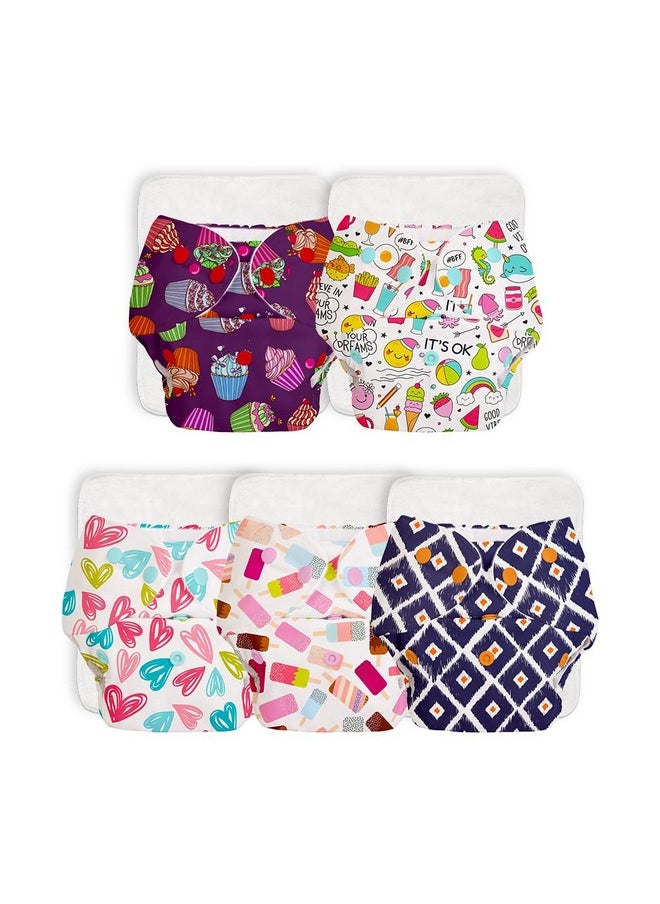 SuperBottoms BASIC Pack of 5 Freesize Adjustable, Washable and Reusable Cloth Diaper for babies 0-3 Years | One Size Adjustable Diapers (Pack of 5 diapers+ 5 inserts) Assorted prints