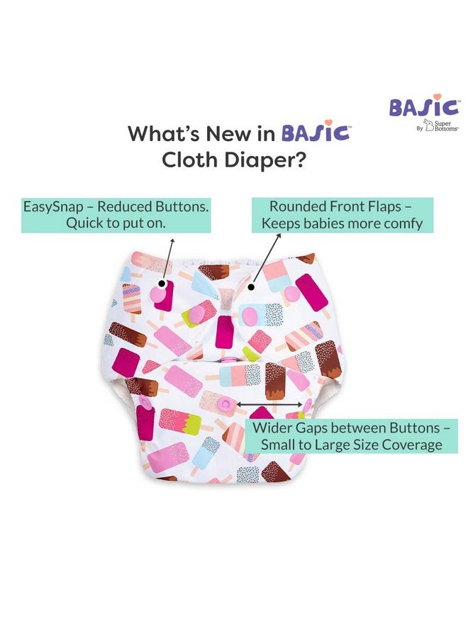 SuperBottoms BASIC Pack of 5 Freesize Adjustable, Washable and Reusable Cloth Diaper for babies 0-3 Years | One Size Adjustable Diapers (Pack of 5 diapers+ 5 inserts) Assorted prints