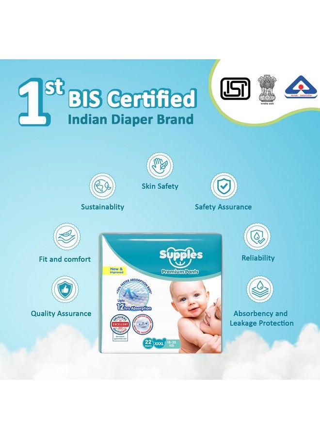 Amazon Brand - Supples Premium Baby Diaper Pants | 44 Baby Diapers | XXXL | 18-35 Kg | 22 x 2 Packs | 12 Hrs Absorption | Cushiony Cotton Soft Fabric | Phthalates-Free | Triple Leak Guard