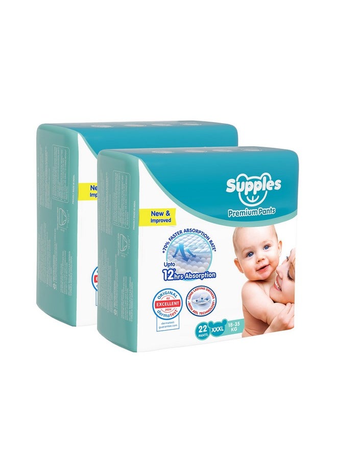 Amazon Brand - Supples Premium Baby Diaper Pants | 44 Baby Diapers | XXXL | 18-35 Kg | 22 x 2 Packs | 12 Hrs Absorption | Cushiony Cotton Soft Fabric | Phthalates-Free | Triple Leak Guard