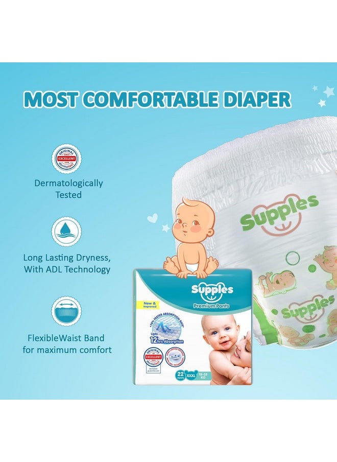 Amazon Brand - Supples Premium Baby Diaper Pants | 44 Baby Diapers | XXXL | 18-35 Kg | 22 x 2 Packs | 12 Hrs Absorption | Cushiony Cotton Soft Fabric | Phthalates-Free | Triple Leak Guard