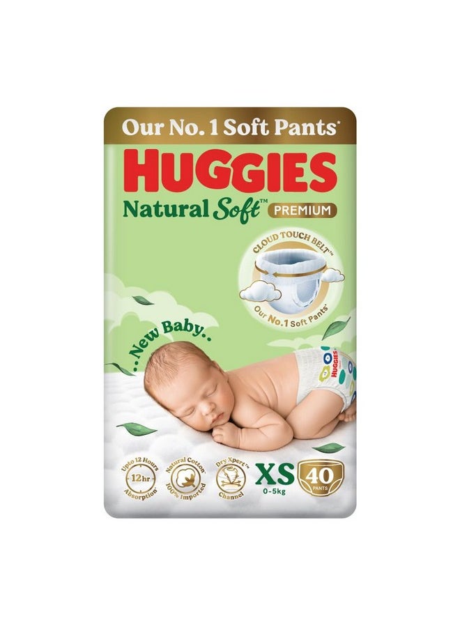 Huggies Natural Soft Premium Baby Diaper Pants, Our No.1 Soft Pants, New Born/Extra Small (XS) Size (0-5 Kgs), Pack of 40 | Cloud Softness All over with India's 1st Cloud Touch Belt