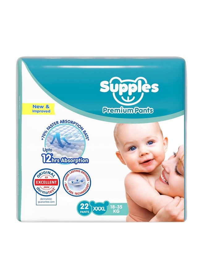 Amazon Brand - Supples Premium Baby Diaper Pants | 22 Baby Diapers | XXXL | 18-55 Kg | 12 Hrs Absorption | Cushiony Cotton Soft Fabric | Phthalates-Free | Triple Leak Guard