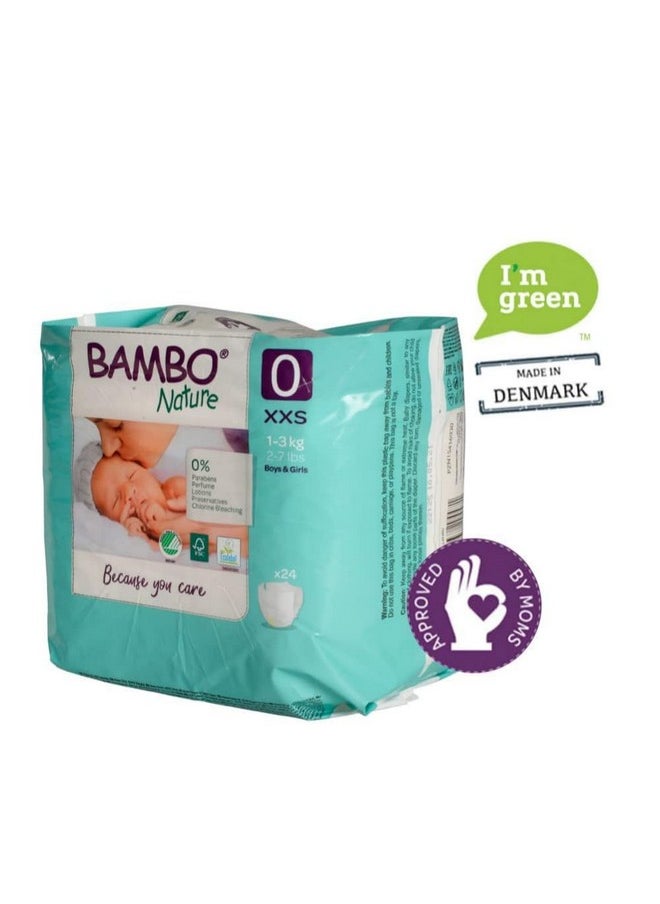 Bambo Nature Premium Baby Tape Diapers for Premature Baby XXS Size (1-3 Kgs), Super Absorbent, Breathable, Extra Soft, Dermatologically Tested, Hypoallergenic Nappies With Wetness Indicator, 144 Count