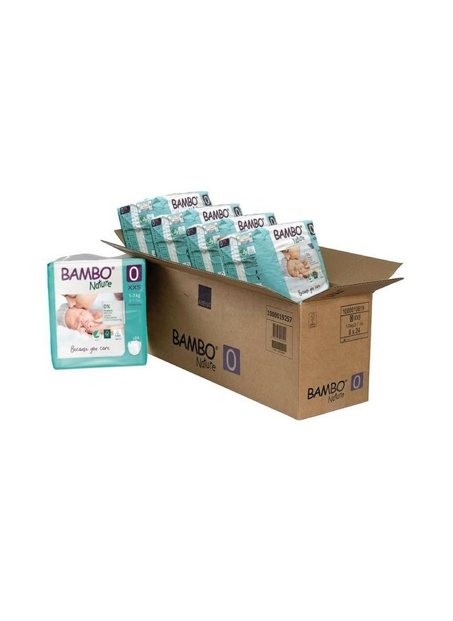 Bambo Nature Premium Baby Tape Diapers for Premature Baby XXS Size (1-3 Kgs), Super Absorbent, Breathable, Extra Soft, Dermatologically Tested, Hypoallergenic Nappies With Wetness Indicator, 144 Count