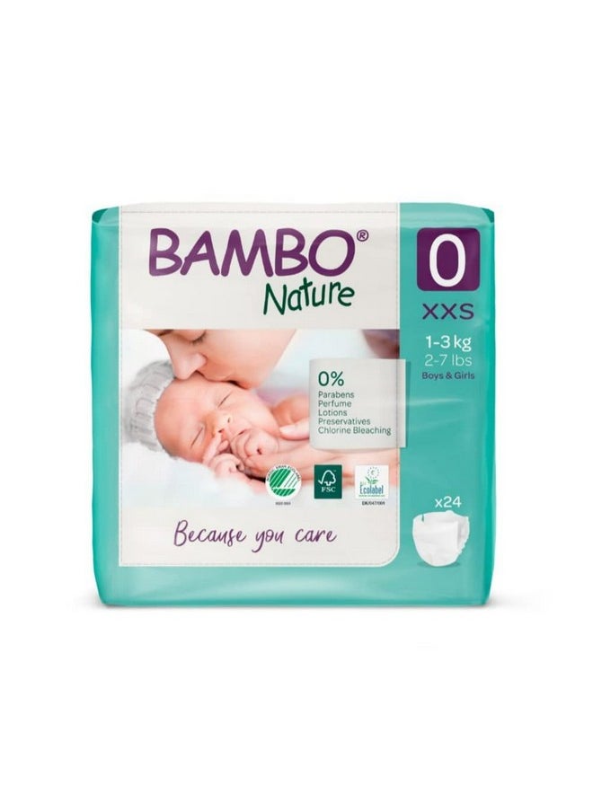 Bambo Nature Premium Baby Tape Diapers for Premature Baby XXS Size (1-3 Kgs), Super Absorbent, Breathable, Extra Soft, Dermatologically Tested, Hypoallergenic Nappies With Wetness Indicator, 144 Count