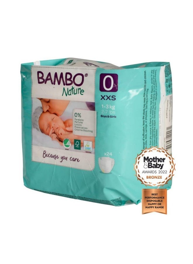 Bambo Nature Premium Baby Tape Diapers for Premature Baby XXS Size (1-3 Kgs), Super Absorbent, Breathable, Extra Soft, Dermatologically Tested, Hypoallergenic Nappies With Wetness Indicator, 144 Count