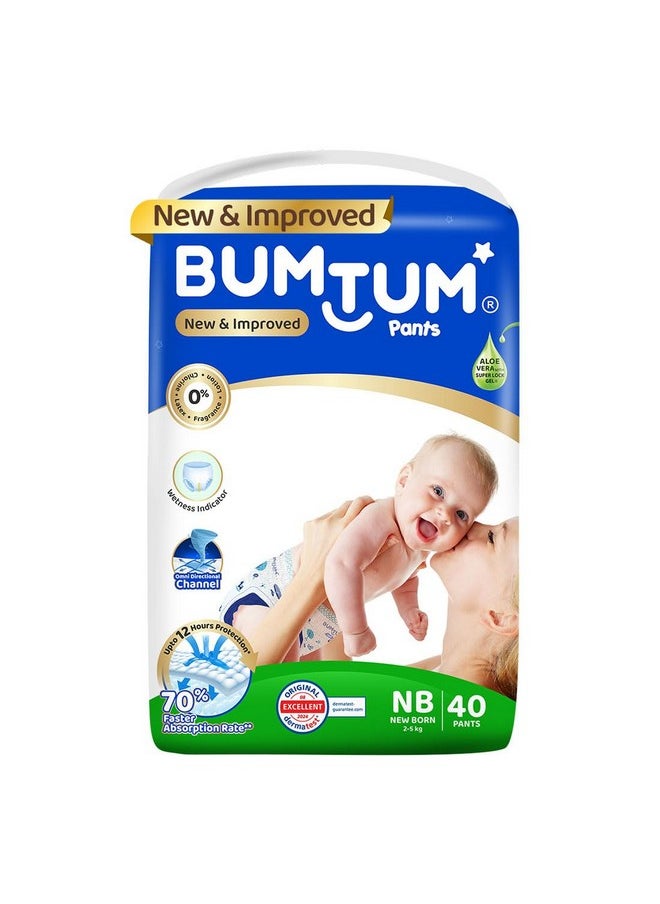 Bumtum Baby Diaper Pants, New Born, 40 Count, Double Layer Leakage Protection Infused With Aloe Vera, Cottony Soft High Absorb Technology