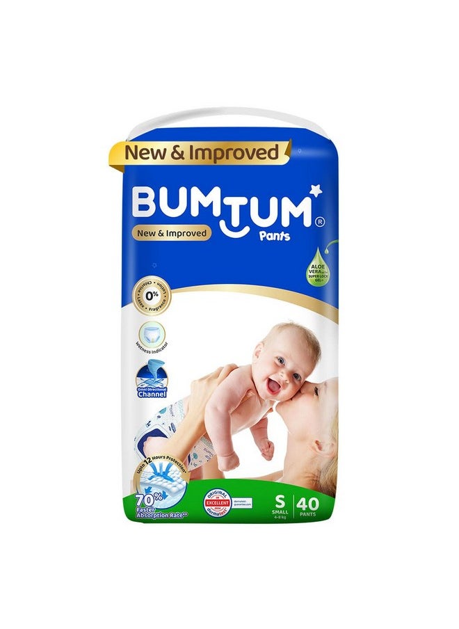 Bumtum Baby Diaper Pants, Small/S Size 40 Count, Double Layer Leakage Protection Infused With Aloe Vera, Cottony Soft High Absorb Technology