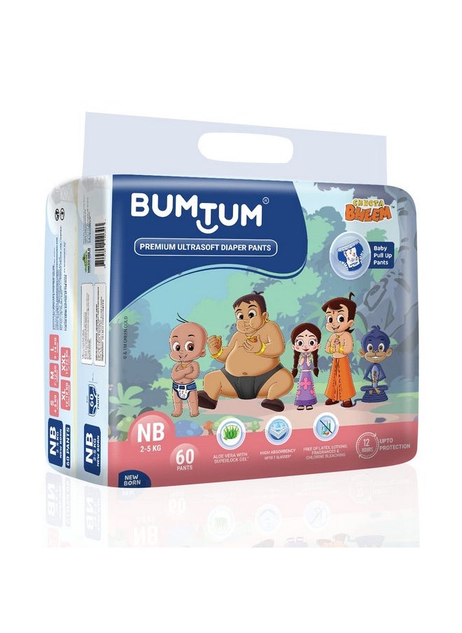 Bumtum Chota Bheem New Born Baby Diaper Pants, 60 Count, Leakage Protection Infused With Aloe Vera, Cottony Soft High Absorb Technology (Pack of 1)