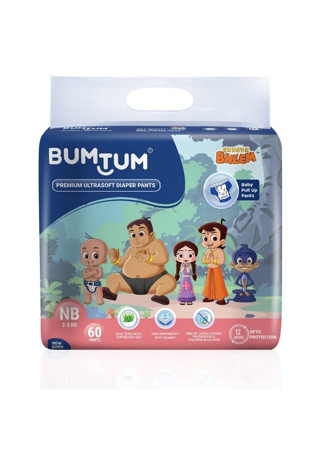 Bumtum Chota Bheem New Born Baby Diaper Pants, 60 Count, Leakage Protection Infused With Aloe Vera, Cottony Soft High Absorb Technology (Pack of 1)