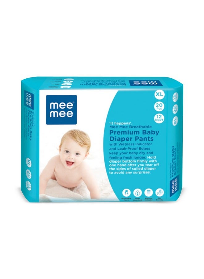 Mee Mee Premium Breathable Baby Diaper Pants Extra Large (XL) Size,20 Pieces For 0-2 Years,12 Kg |Fast Absorbing, Cotton Soft Feel with Wetness Indicator | Double Layer Leakage Protection