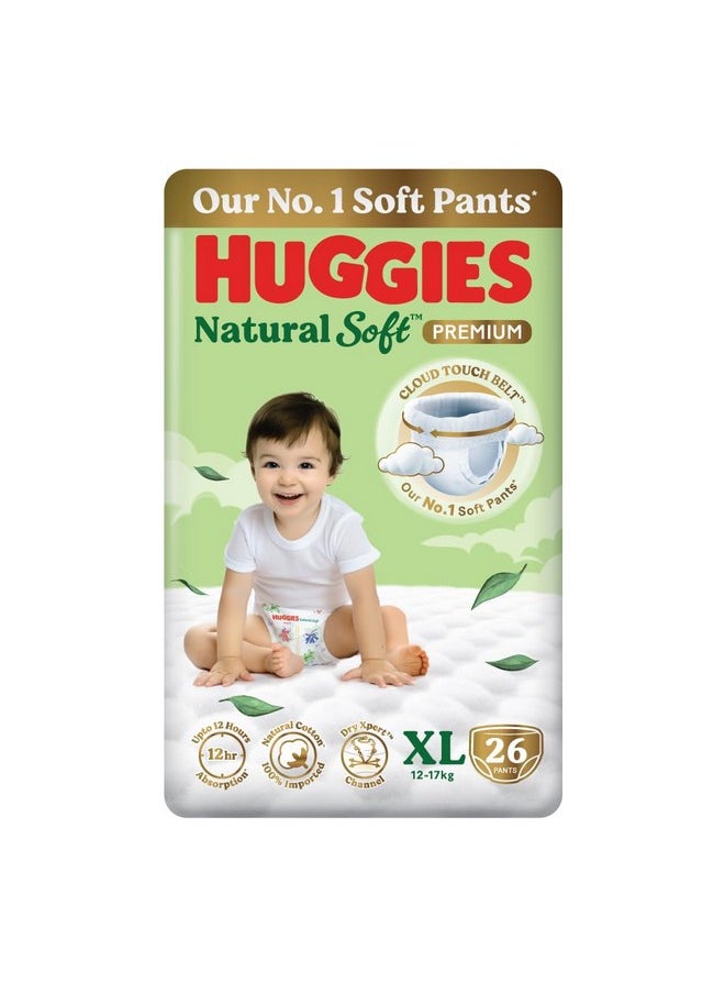 Huggies Natural Soft Premium Baby Diaper Pants, Our No.1 Soft Pants, Extra Large (XL) Size (12-17 Kgs), Pack of 26 diapers | Cloud Softness All over with India's 1st Cloud Touch Belt