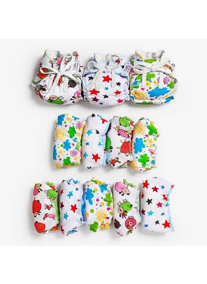 SuperBottoms Dry Feel Langot - Pack of 12- Organic Cotton Padded Baby Nappy/Langot with Gentle Elastics & a SuperDryFeel Layer on Top (Size 0 (Fits 0-5 kg), Printed)