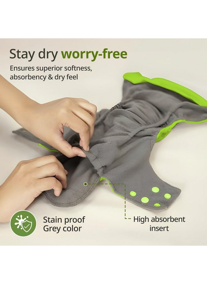 LuvLap Reusable Baby Cloth Diaper, Double Leak Guard, High Absorption, Quick Dry, Stain-Proof Comfort & Protection, 3m+, Adjustable Waist & Height with snap Buttons, Absorbent Insert, White & Green