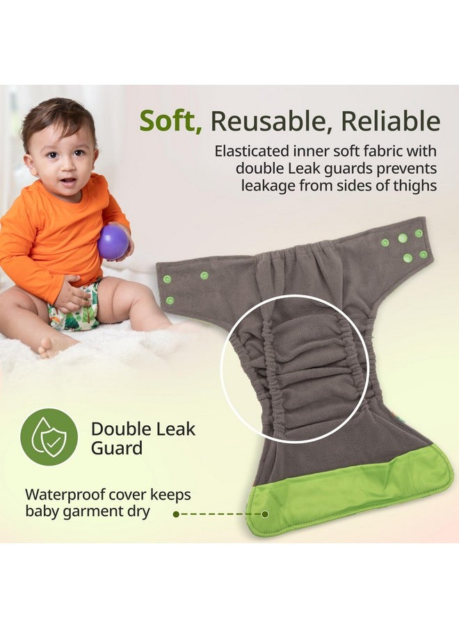 LuvLap Reusable Baby Cloth Diaper, Double Leak Guard, High Absorption, Quick Dry, Stain-Proof Comfort & Protection, 3m+, Adjustable Waist & Height with snap Buttons, Absorbent Insert, White & Green