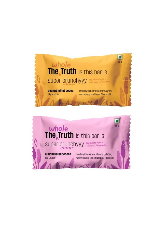 13G Protein Bar|Assorted Millet Protein Bar (3 Almond Millet Cocoa, 3 Peanut Millet Cocoa) I Pack Of 6 X 55 Gram|No Refined Sugar|No Added Flavours|No Preservatives