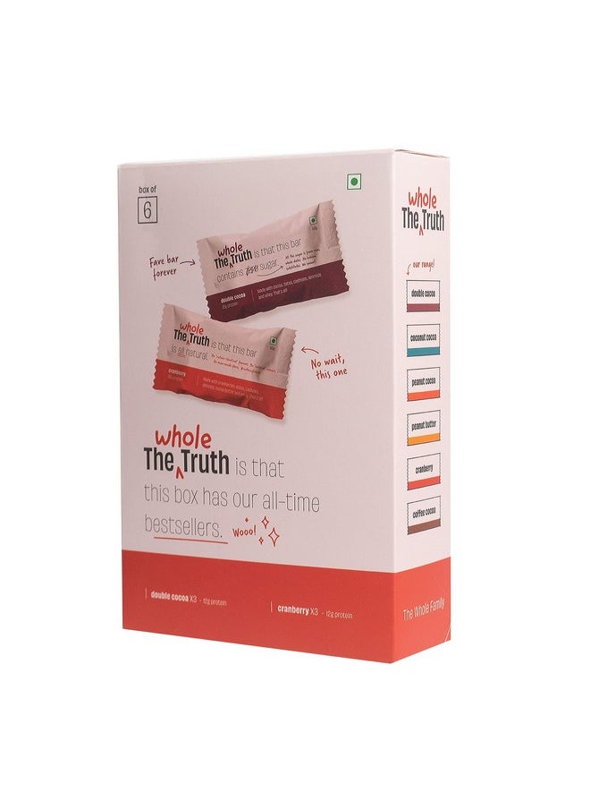 Protein Bars | Assorted Pack Of 6 X 52G (3 Double Cocoa + 3 Cranberry) | No Added Sugar | No Preservatives | No Artificial Sweeteners | No Gluten Or Soy | All Natural Ingredients