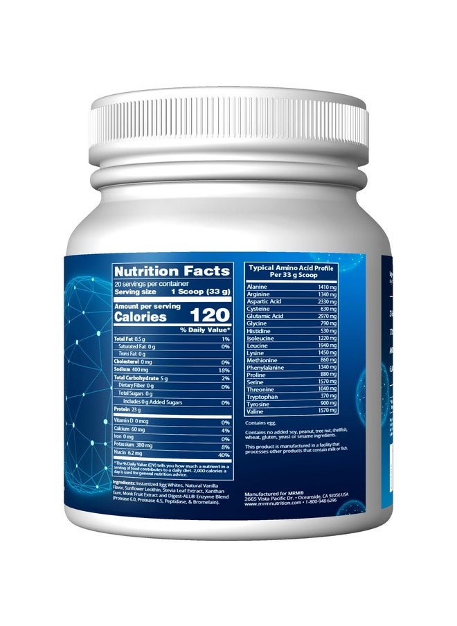 MRM Nutrition Egg White Protein | Vanilla Flavored | 23g Fat-Free Protein | with Digestive enzymes | Highest Biological Value | Clinically Tested | 20 Servings