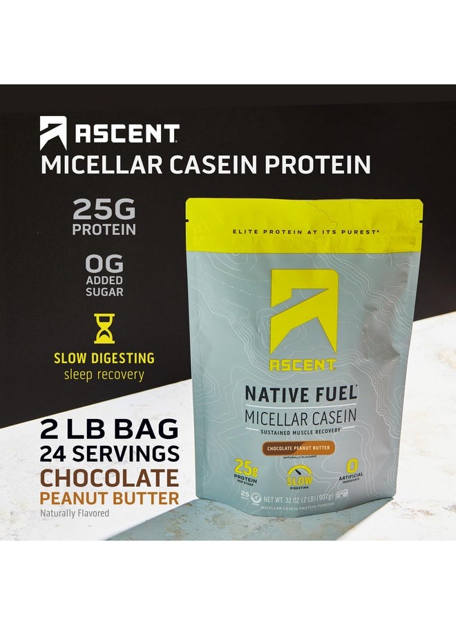 Ascent Casein Protein Powder - 25g Micellar Casein Powder with Zero Artificial Flavors & Sweeteners, Gluten Free, No Added Sugar, 4.9g BCAA, 2.2g Leucine - Chocolate Peanut Butter, 2 Pounds