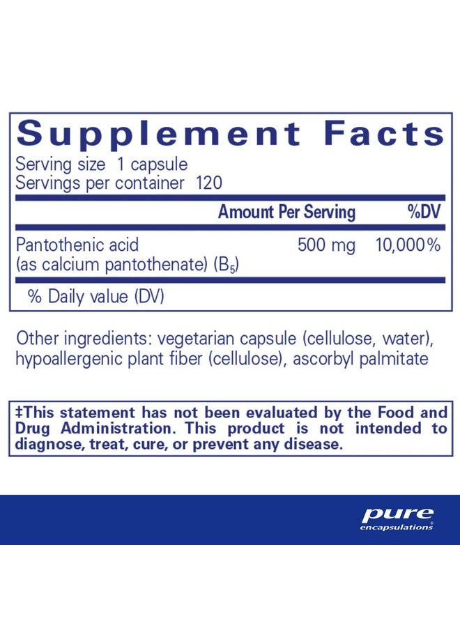 Pure Encapsulations Pantothenic Acid | Hypoallergenic Supplement Supports Cellular Energy Production, Adrenal and Cardiovascular Health | 120 Capsules