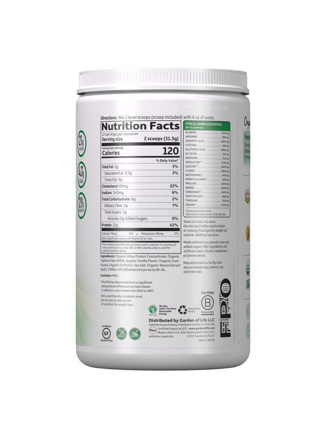 Garden of Life Grass Fed Whey Protein Powder Vanilla - 21g Protein for Women & Men + Probiotics - 12 Servings - Gluten Free, Non GMO, Kosher, Humane, RBST & rBGH Hormone Free