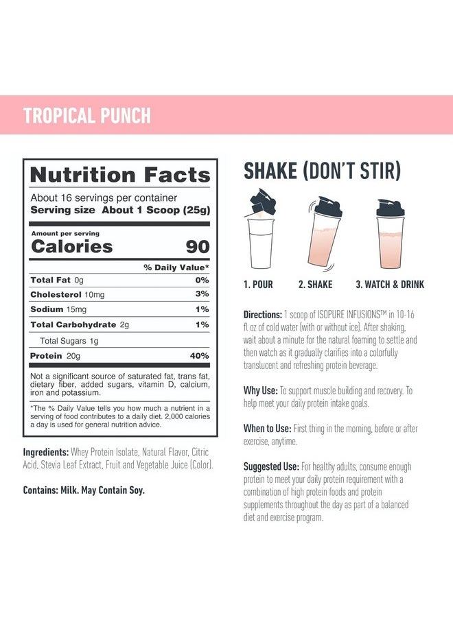 Isopure Protein Powder, Clear Whey Isolate Protein, Post Workout Recovery Drink Mix, Gluten Free with Zero Added Sugar, Infusions- Tropical Punch, 16 Servings