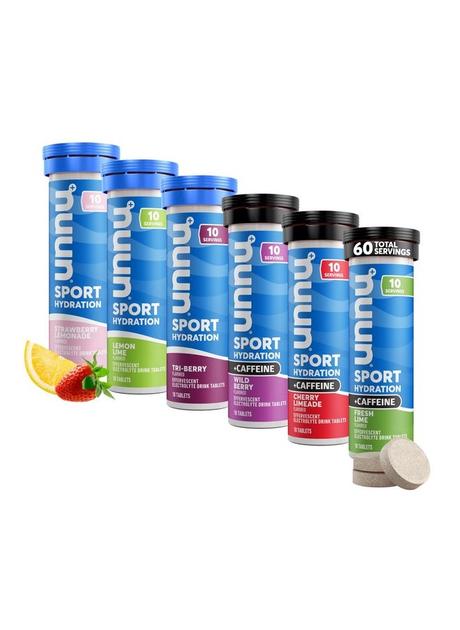Nuun Sport + Caffeine Electrolyte Tablets - Dissolvable in Water, Variety Pack | 5 Essential Electrolytes for Hydration | 1g Sugar Drink Mix | Vegan, Non-GMO | 6 Pack (60 Total Servings)