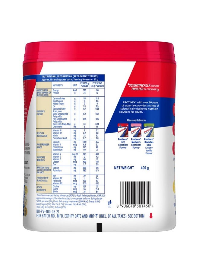 Health Supplement And Nutritional Protein Mix For Adults-(Creamy Vanilla, 400 Gms, Jar) With 25 Vital Nutrients To Support Strength, Immunity & Active Life