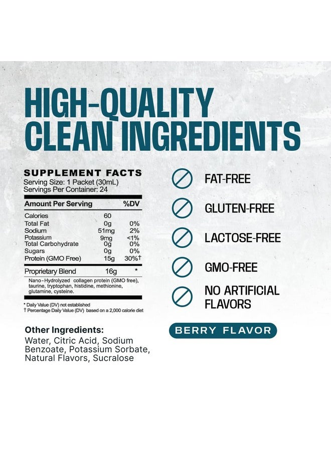 Frog Fuel Power Regular Protein Shot, 15g Protein Nano-Hydrolyzed Grass Fed Collagen, Post Workout, Gluten Free, Fat & Sugar Free, 22 Amino Acids, 0 Carbs, Berry, 1 oz Packets, 24 Pack