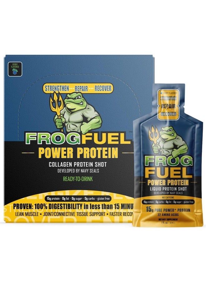 Frog Fuel Power Regular Protein Shot, 15g Protein Nano-Hydrolyzed Grass Fed Collagen, Post Workout, Gluten Free, Fat & Sugar Free, 22 Amino Acids, 0 Carbs, Berry, 1 oz Packets, 24 Pack