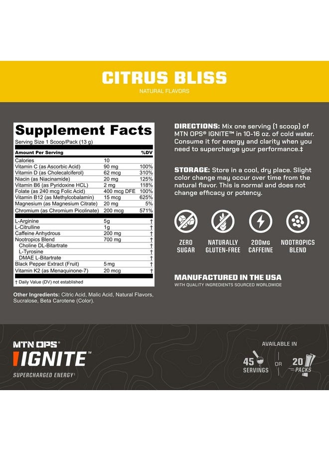 MTN OPS Ignite Trails Packs Energy Drink Powder | Gluten Free Nitric Oxide Supplement Drink Mix | L Arginine, L Citrulline, Caffeine & Nootropic Sugar Free Drink Mix | 20 Servings, Citrus Bliss