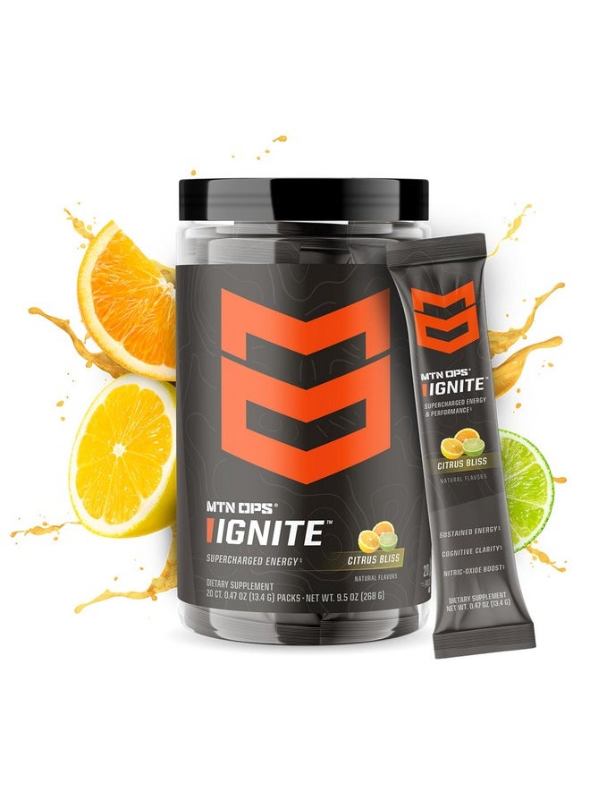 MTN OPS Ignite Trails Packs Energy Drink Powder | Gluten Free Nitric Oxide Supplement Drink Mix | L Arginine, L Citrulline, Caffeine & Nootropic Sugar Free Drink Mix | 20 Servings, Citrus Bliss