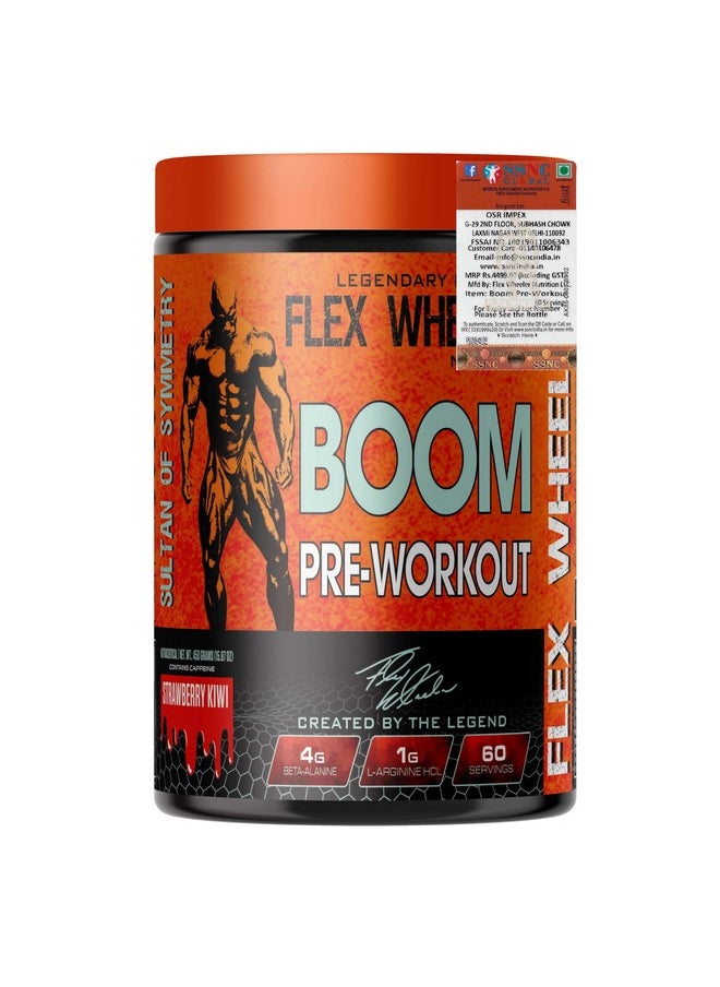 Boom Advanced Pre Workout - 60 Servings (450Gm) | Explosive Energy, Focus, And Endurance Formula (Strawberry Kiwi)