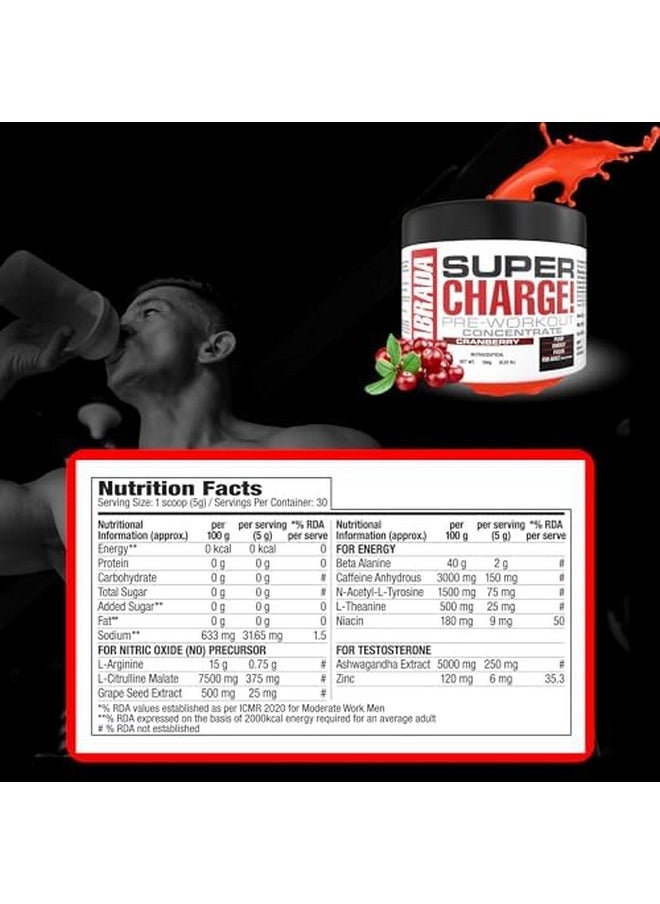 Super Charge Pre-Workout Concentrate 150G, Cranberry (30 Servings | 0.75G L-Arginine |375Mg L-Citrulline Malate |2G Beta Alanine | 150Mg Caffeine Anhydrous | 250Mg Ashwagandha Extract)