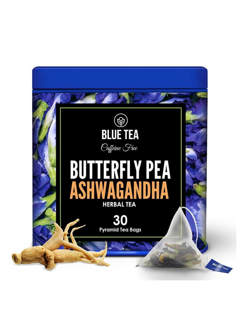 BLUE TEA Butterfly Pea Flower Ashwagandha Tea 30 Tea Bag Plant Based AYURVEDIC BLEND | Aparajita Shankhpushpi Caffeine Free Detox Tea Flower Based Herbal Tea Non-GMO Featured In Shark Tank Premium Tin Pack
