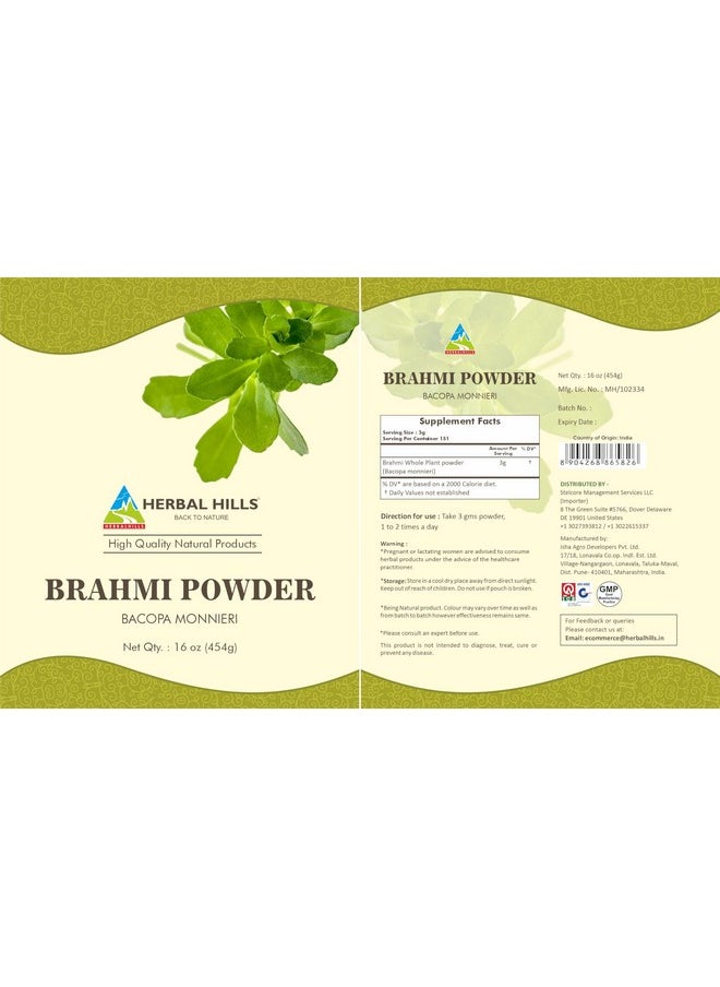 HERBAL HILLS Brahmi Powder Bacopa Monnieri Hair Care 454 GMS | 16 oz Pack of 1