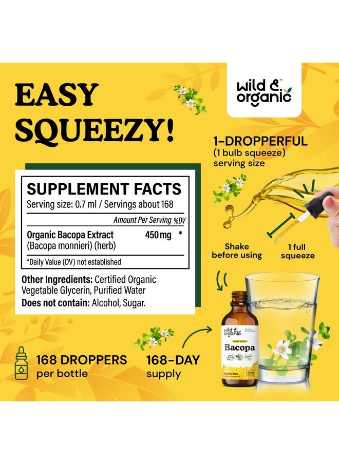 Wild & Organic Bacopa Liquid Drops - Herbal Tincture for Brain Support - Vegan Supplements with Bacopa Monnieri Extract Liquid - 5-Month Supply - Sugar & Alcohol-Free - 4 fl oz