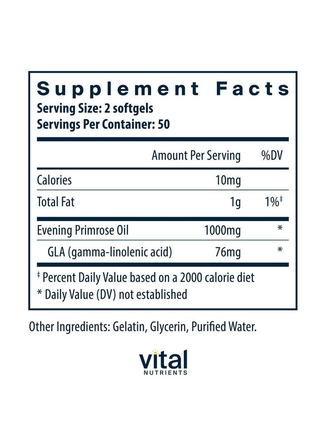 Vital Nutrients Evening Primrose Oil 1000mg | Primrose Supplement for Women | GLA Omega-6 Fatty Acid for Skin and PMS Support* | Gluten, Dairy, Soy Free | Non-GMO | 100 Softgels