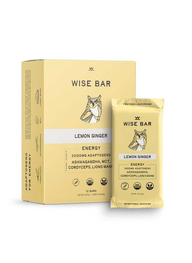 Wise Bar Adaptogen Mushroom Nutrition Bars | Lemon Ginger Flavor | 12 Count | Daily Dose Of 3,000Mg Functional Mushrooms And Adaptogens Per Bar | Organic Nutrition Bars, Vegan Nutrition Bars, Gluten Free Nutrition Bars | Date Based | Cordyceps, Ashwagandha, Mct, Lion'S Mane | Energy